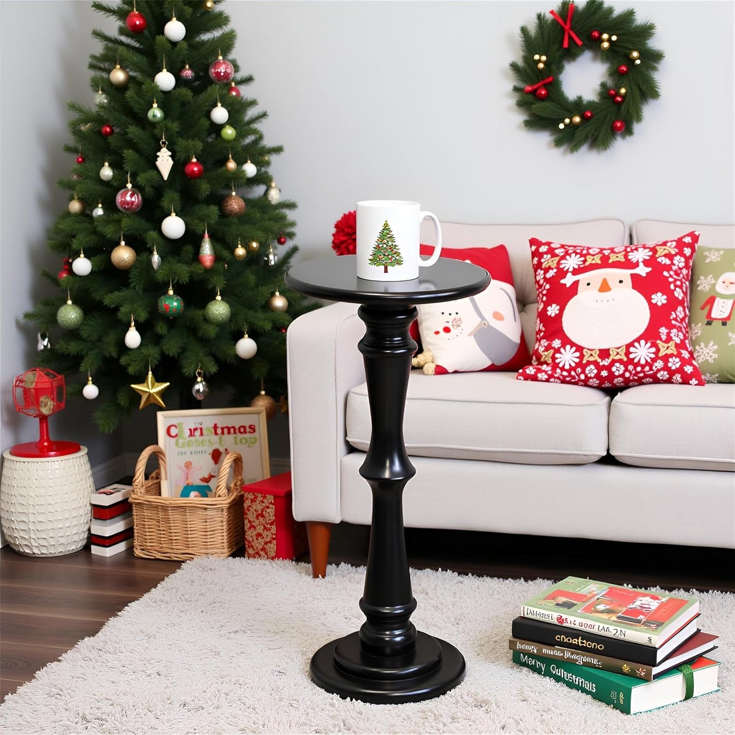 SwallowLiving Solid Wood Side Table - 12" Round Pedestal Drink Table for Small Spaces - Modern Black End Tables for Sofa Side & Narrow Nightstand - Elegant Tall Plant Stand & Accent Tables - 25" H