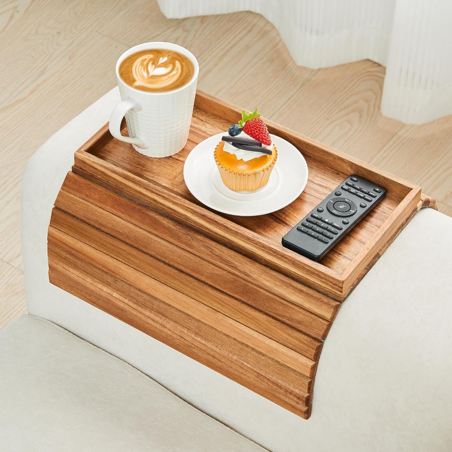 GEHE Acacia Wood Sofa Arm Tray, Foldable Couch Arm Tray Side Table, Anti-Falling Armrest Tables Cup Holder for Snacks, Drinks, Beers, Phone, Control, Flexible and Portable, Anti-Slip