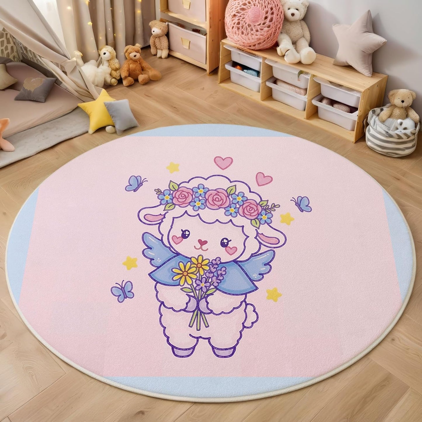 Cute Flowers Lamb Round Rugs 6Ft, Cartoon Animal Round Living Room Area Rug, Washable Large Soft Circle Rug for Bedroom, Non Slip Ultra Thin Floor Carpet for Dining Room, Pink