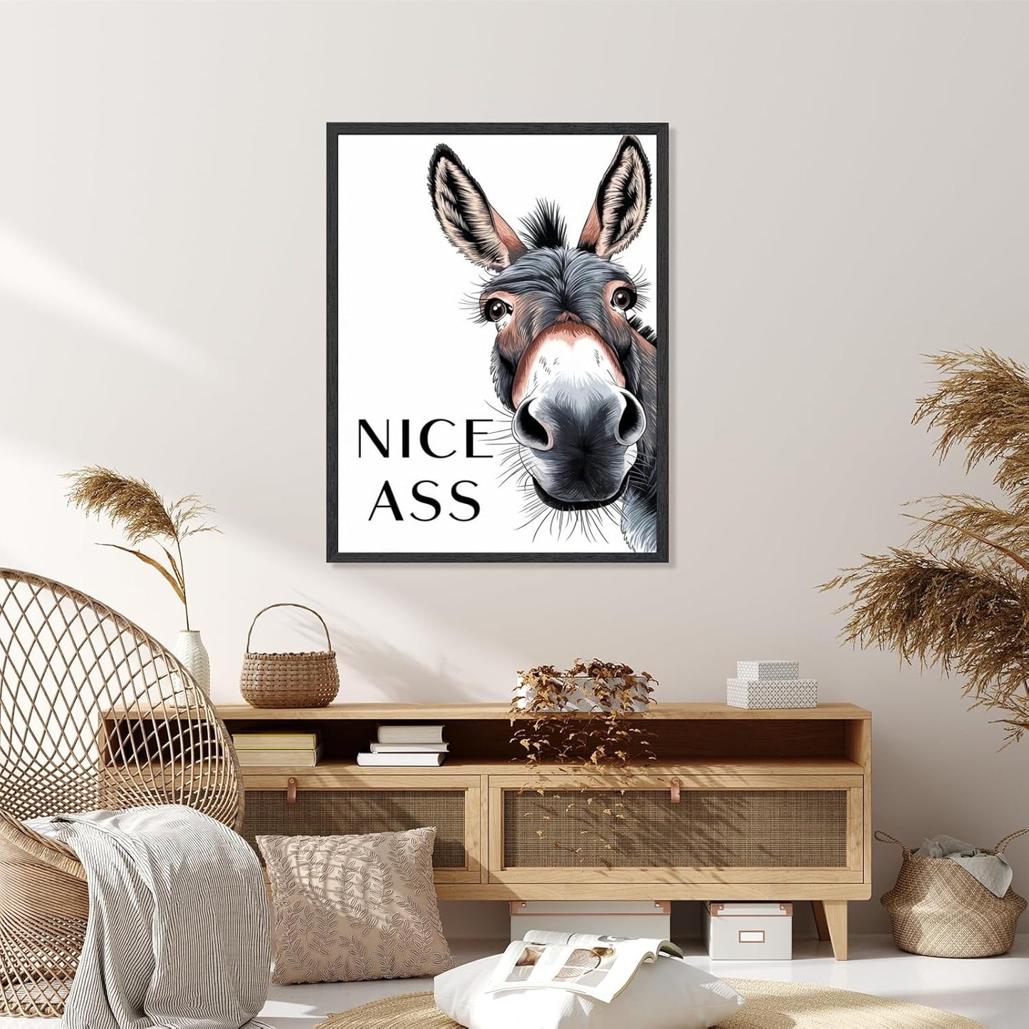 Framed Black and White Donkey Decor Bathroom Wall Art Nice Ass Funny Donkey in Bathroom Picture Poster Fun Animal Canvas Print Farmhouse Humor Wall Decor for Home Washroom Toilet 24X36inch