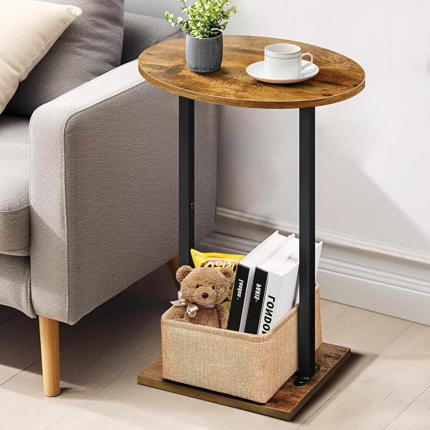 Eufrozy Small Side Table for Small Spaces, 24 inch Wooden Round End Table with Fabric Basket, Wood Accent Table for Couch Sofa Drink Sidetable Living Room Bedroom Rustic