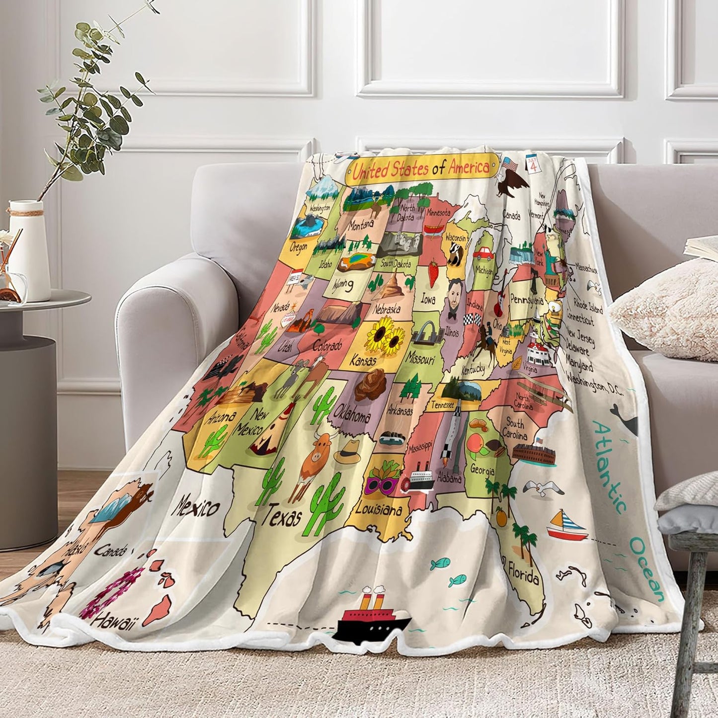 Kids Map of The United States Beige Throw Blanket, Fun Geography USA Camping Blankets for Bed, Animal Fleece Flannel Blanket for Sofa Couch Girls Boys Children Room Decor, 50X60in