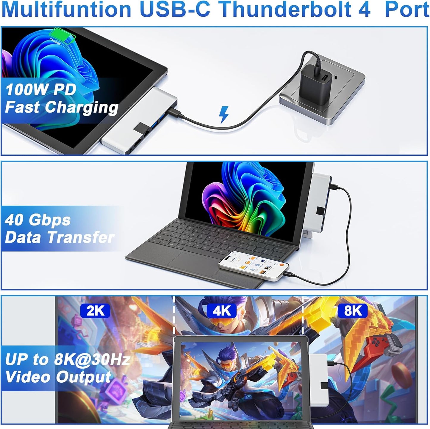 Surface Pro 12 2025 Hub USB C, Surface Pro 12 Hdmi Adapter with 4K HDMI, Thunerbolt 4 (8K Video+Data+100W PD), 2*USB 3.0, 3.5mm Audio, 1 * 100M Ethernet、SD/TF, Hub for Surface Pro 12 inch (2025)