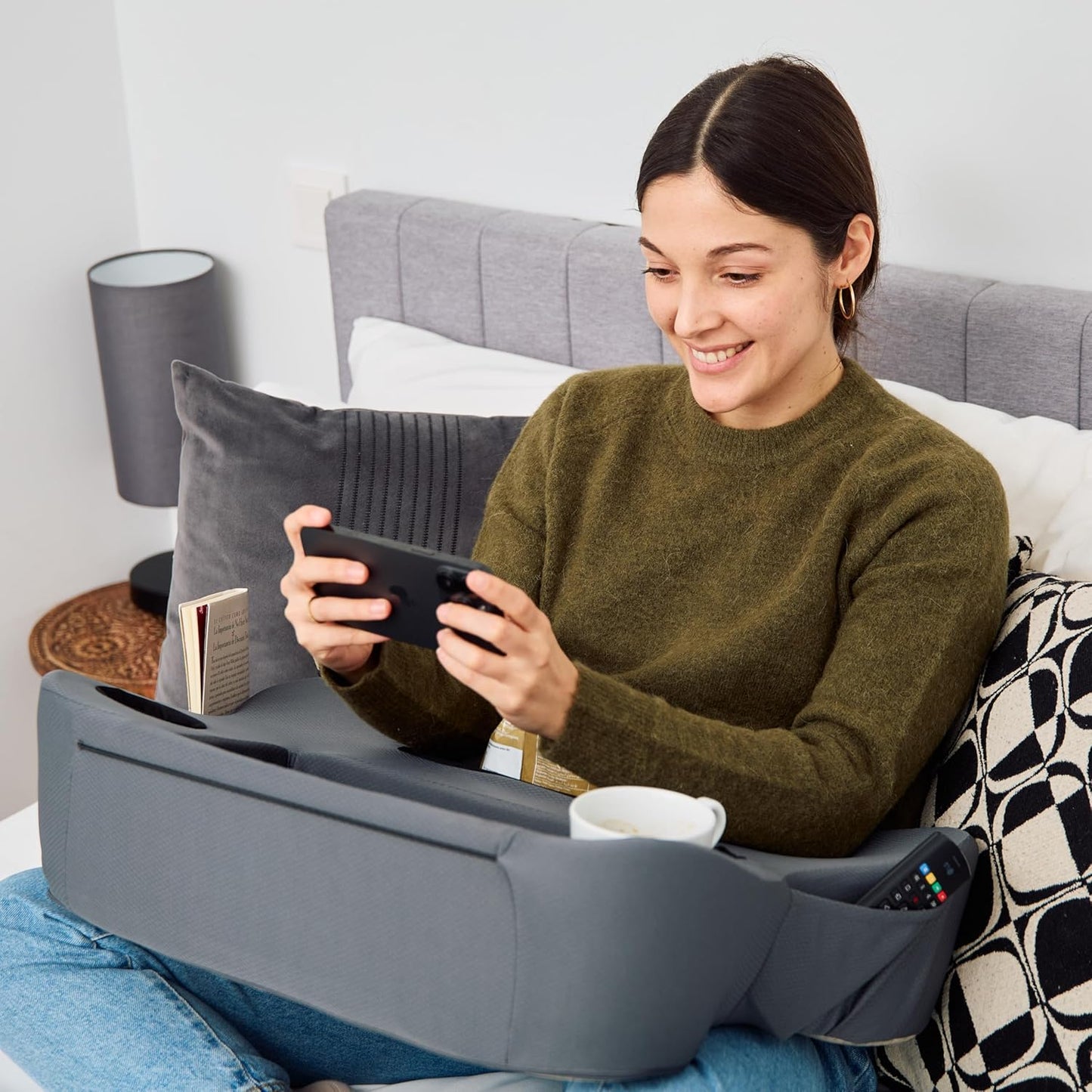Lap Desk Pillow - Cushioned Lap Pillow for Reading, Gaming, Work & Travel, Soft & Portable Laptop Desk for Bed, Couch, or Car, Ergonomic Support for Laptops & Tablets (Grey)