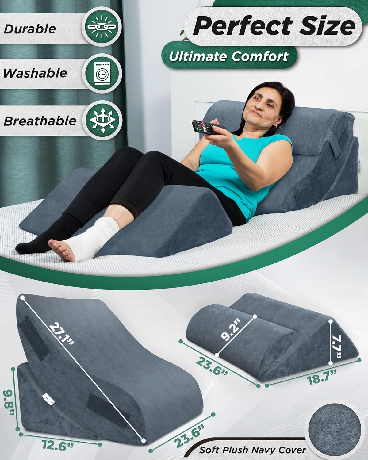Lunix LX5 4-Piece Support for Shoulder & Upper Body Rest, Orthopedic Bed Wedge Pillow Set, Elevated Memory Foam for Post-Op Recovery & Sleep Comfort, Stone Navy with Aloe Vera