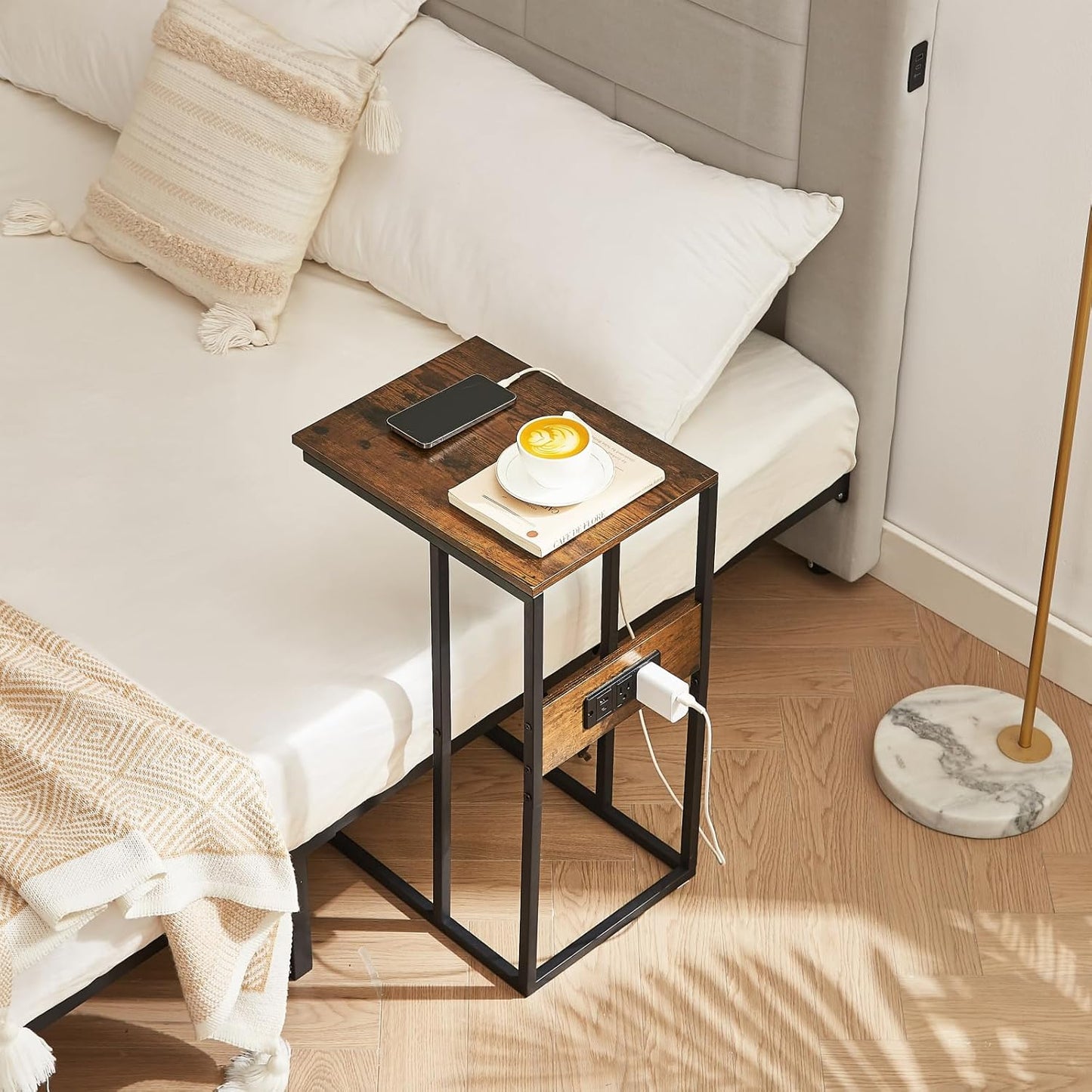 BUDOME C Shaped Side Table with Charging Station, End Table with Outlets, Sofa Table with USB C Ports, C Table with Premium Surface and Metal Frame for Living Room