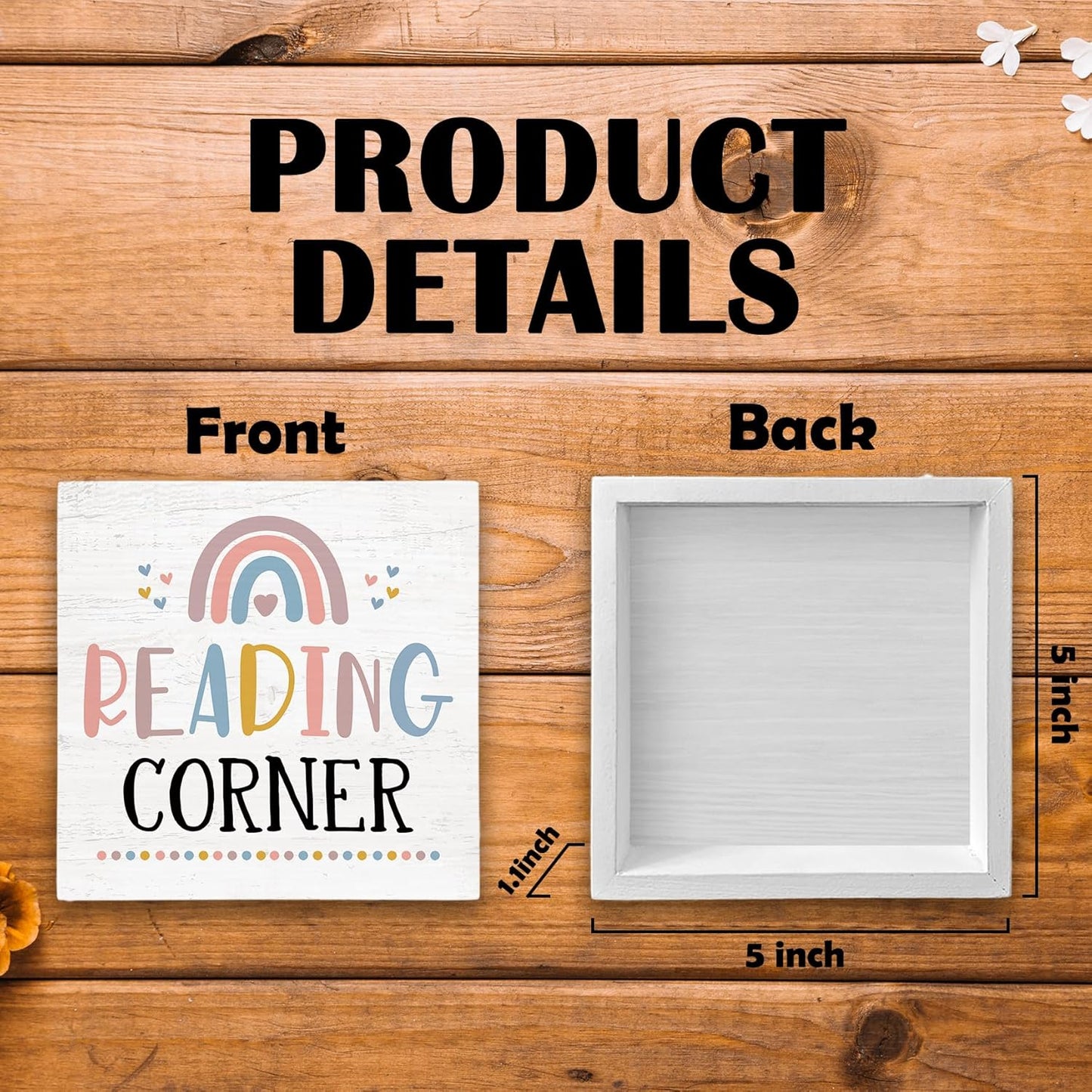 Reading Corner Wood Box Sign Desk Decor 5x5, Reading Nook, Boho Classroom Decor, Book Lover Gift Wooden Block Sign Decorations for Nursery Library Playroom Bookshelf Room Wall Tabletop Shelf