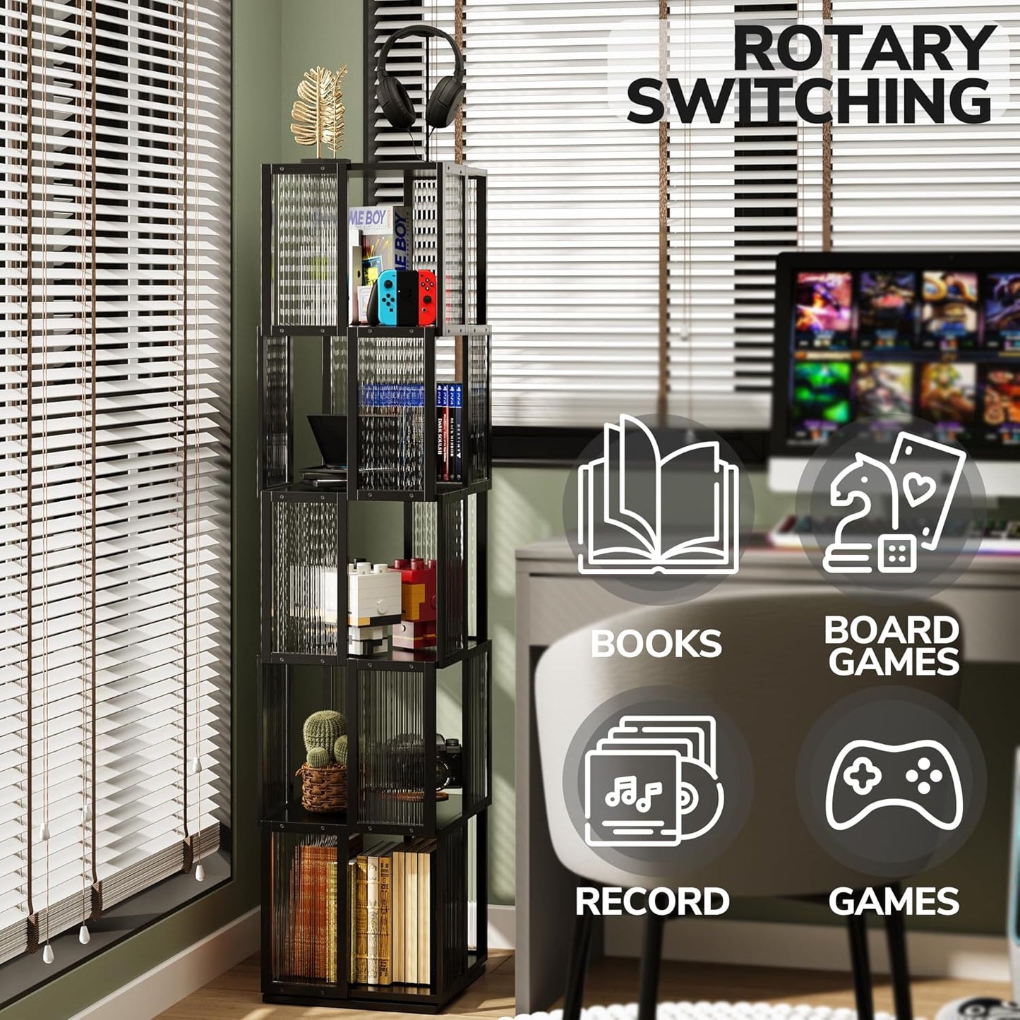 BAMEOS Solid Wood Rotating Bookshelf Tower 5 Tier，360°Storage Spinning Bookcase, Black Cube Corner Bookshelf for Office,Bedroom and Living Room
