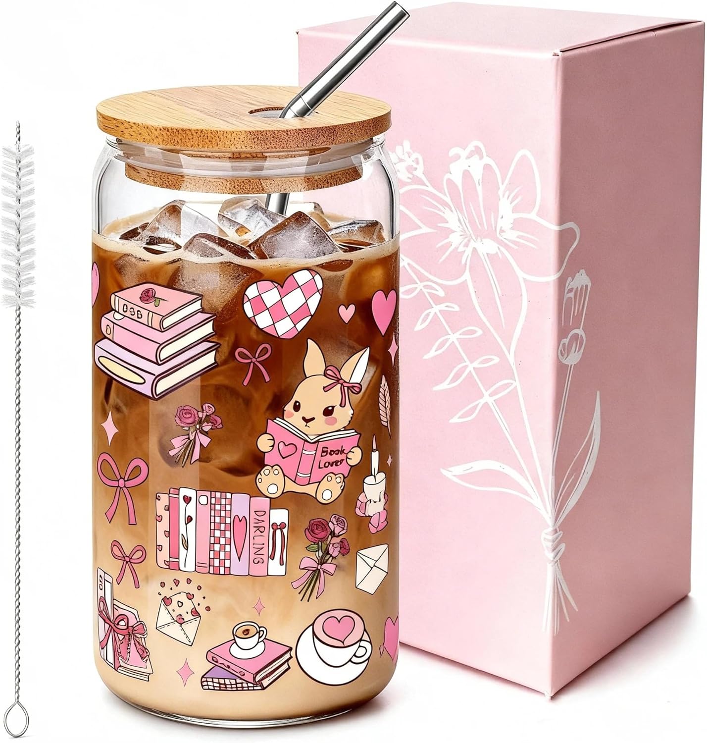 JOYMIA Iced Coffee Cup with Lid & Straw - Book Lovers Gifts for Women, Cute Cups for Reading & Office, Valentine’s Day Present, Bookish Gifts for Her