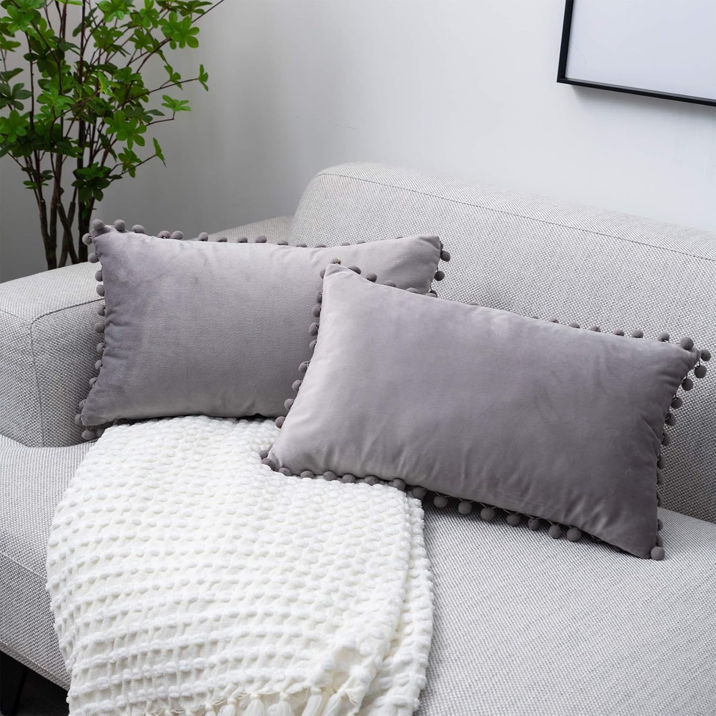 Grey Throw Pillow Covers 12 X 20 Decorative Pom-poms Soft Velvet Solid Lumbar Cushion Covers for Sofa Couch Bedroom Car, Pack of 2