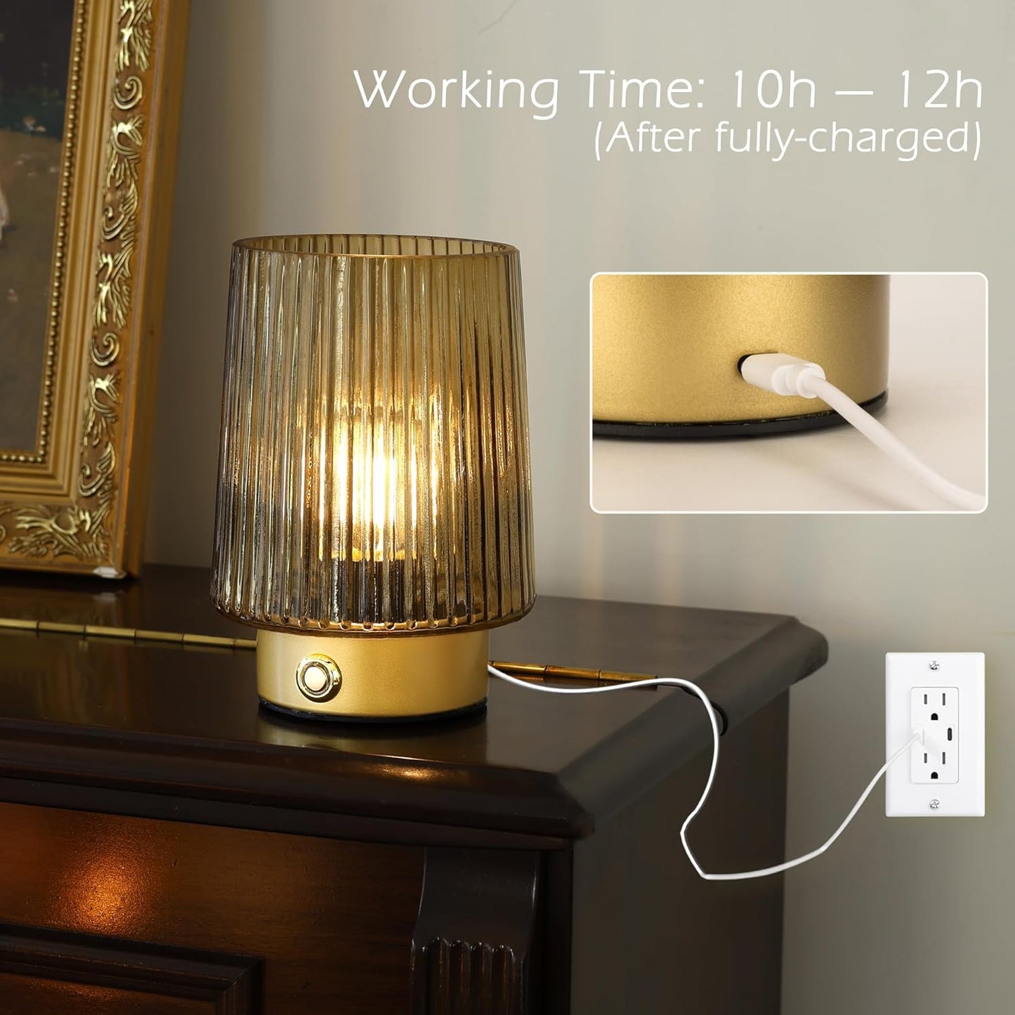 Cordless Lamp Rechargeable Battery Operated lamp, Glass Small Table lamp - Portable Dimmable Brightness Touch Wireless Bedside Lamp for Bedroom/Kitchen/Entryway/Home Living Room Decor, Yellow