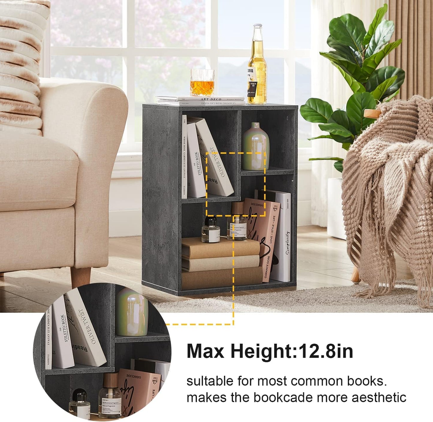 VECELO 3-Cube Small Bookshelf, Modern Bookcases with Shelves Height Up to 12.8 Inches, Suit for Common Size Textbook, Vertical or Horizontal, Cubby Storage Organizer,Gray