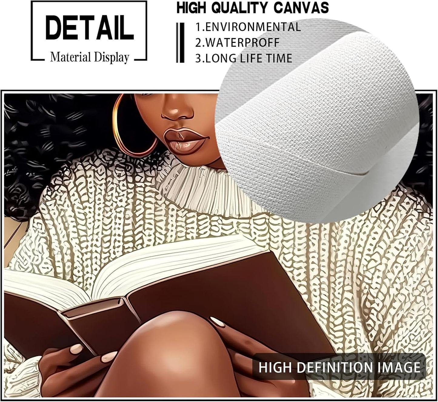 African American Wall Art Black Girl Reading Book Pictures Canvas Wall Decor Gift Afro Black Women Print Painting Framed Artwork for Teenager Living Room Bedroom Study Reading Room 16"x20"