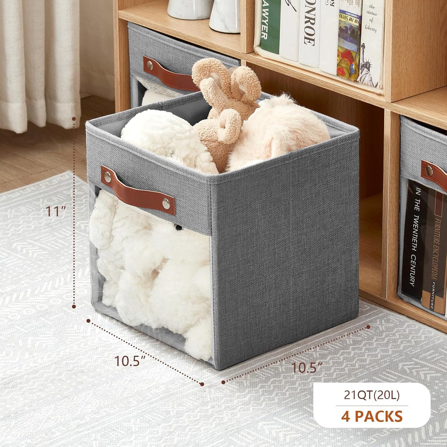 Storage Cube Organizer with Clear Window, Linen Collapsible Storage Boxes with PU Handles, Cube Storage Bins for Shelf, Closet, Cabinet, Bookcase (10.5x10.5x11, Gray)