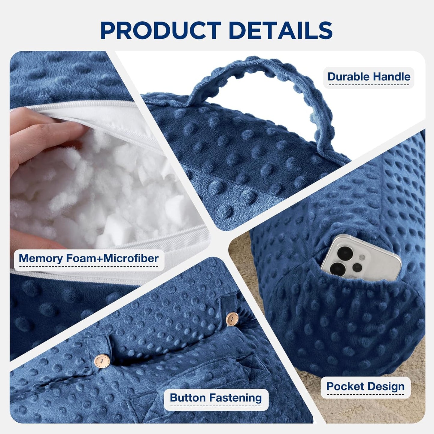 Reading Pillow for Sitting in Bed Couch Adult, Back Pillow for Bed Sitting Up, Back-Rest Support Cushion with Pockets and Arms, Watching TV, Relaxing, Reading, Navy Blue