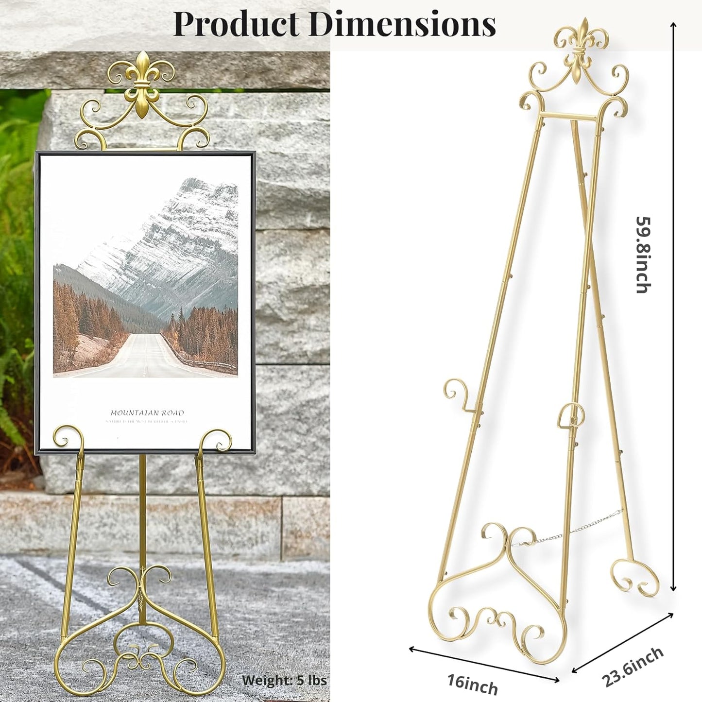 60” H Gold Easel Stand for Sign, Large Adjustable Metal Display Standing for Displaying Pictures Wedding Poster Holder Showcasing with Chain Support