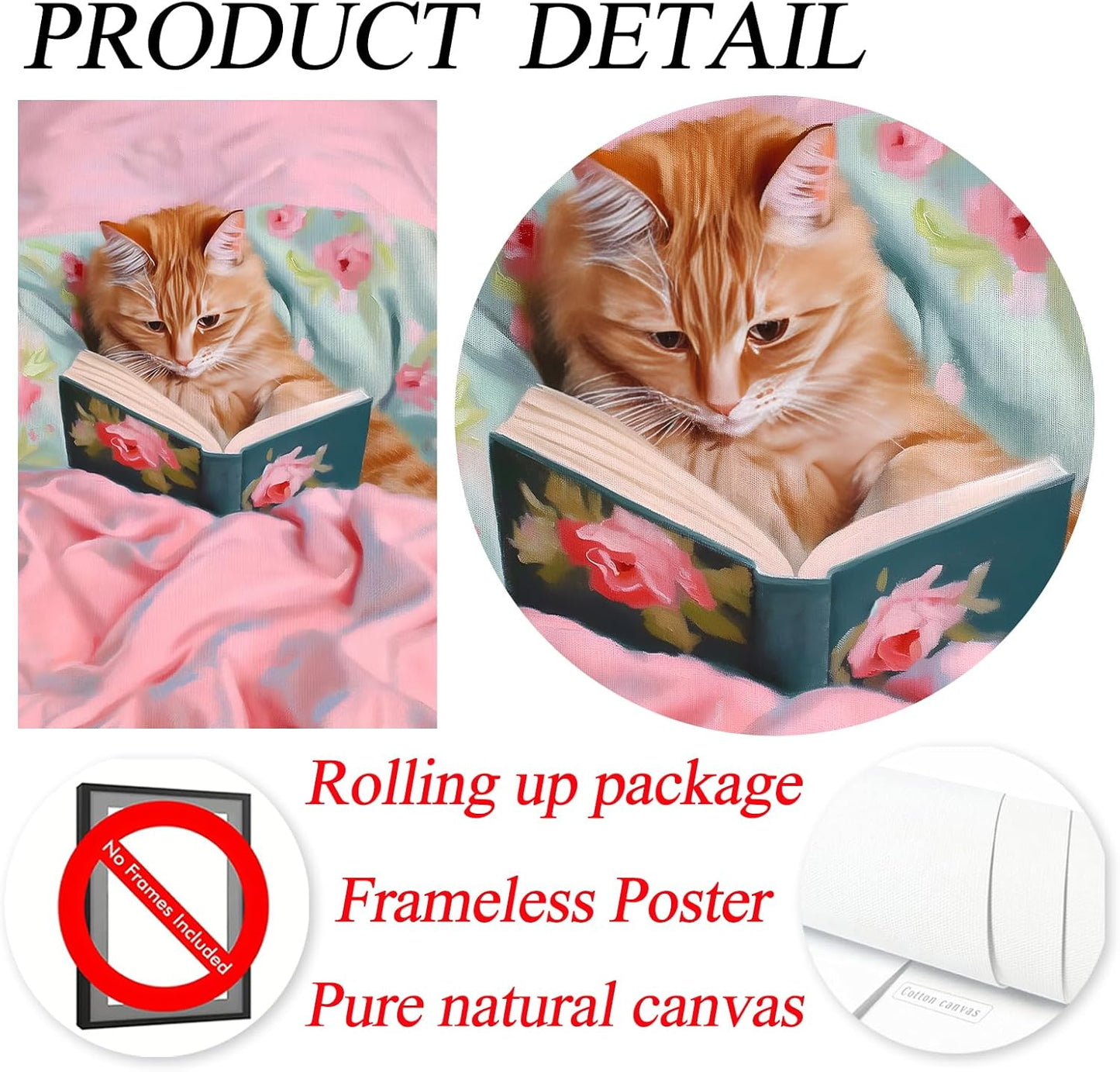 Cat Reading Book Poster Pink Cat Canvas Wall Art Funky Animal Art Prints Aesthetic Cute Paintings Animals Reading Books Wall Art Funny Pink Pictures Cute Trendy Funny Wall Print for Room 16x24in No Frame