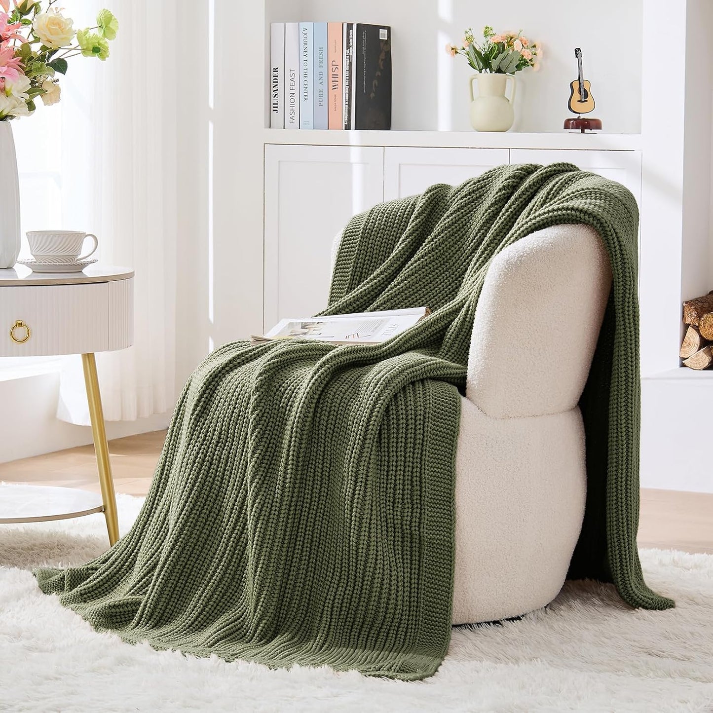 Chunky Knit Olive Green Throw Blanket 60"x80",Soft Cozy Thick Knitted Blanket for Couch Sofa Bed, Cute Decorative Throw for Living Room