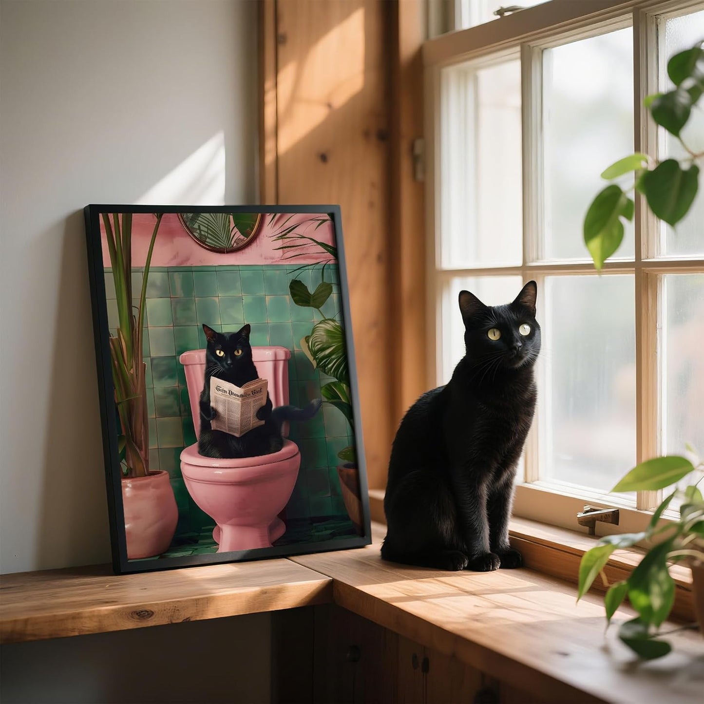 Framed Vintage Cat Canvas Wall Art, Funny Pink Animal Reading Books Painting Picture Print, Cute Kitten Lovers Aesthetic Wall Decor for Nursery Girls Room Bedroom Kids Room 16''L x 12''W