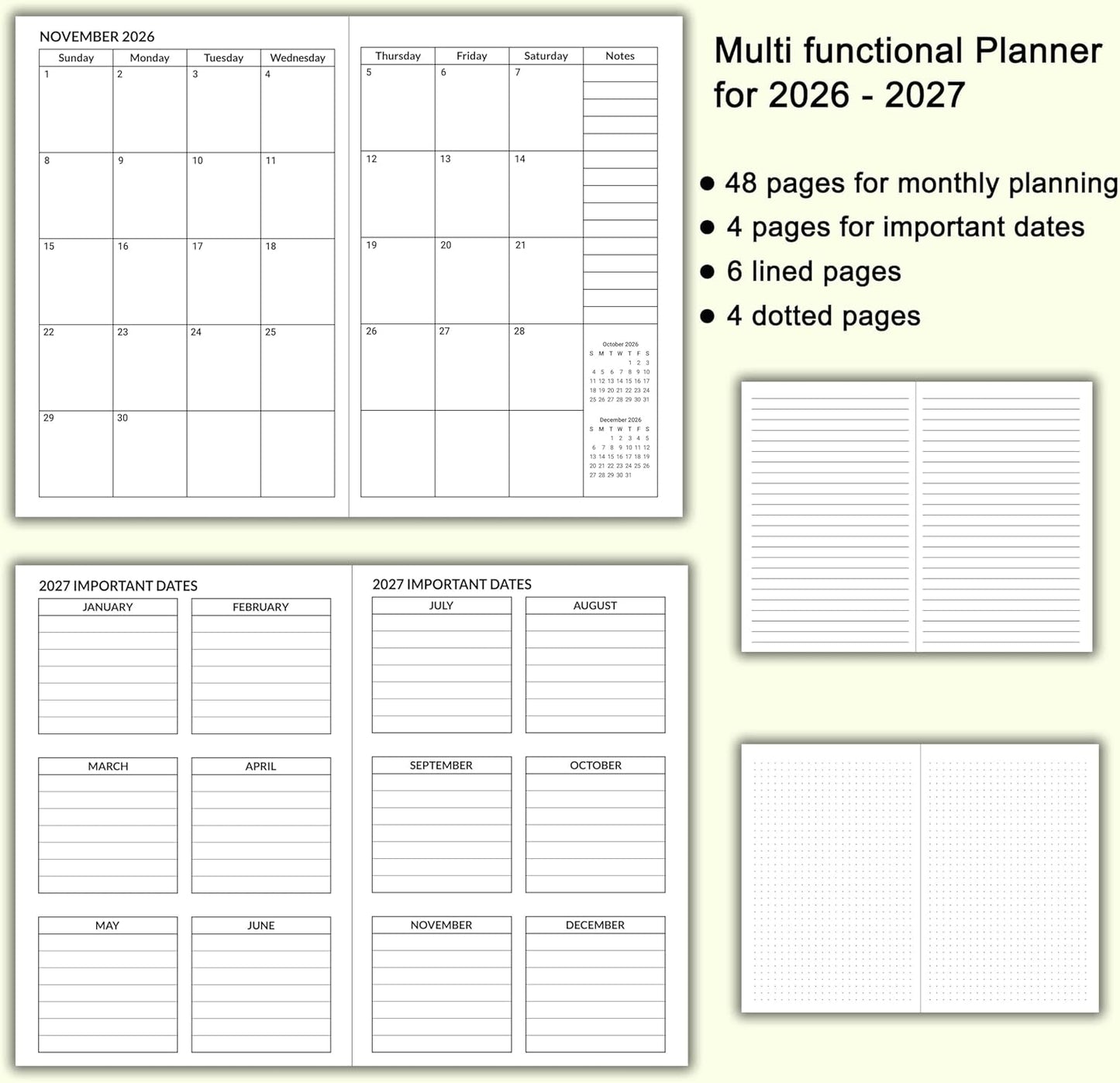 A5 Calendar Planner Jan 2026 - Dec 2027, Travelers Notebook Inserts for 2 Years, Monthly Calendar & Important Dates & Line & Dotted, 100gsm Paper, 8.3 x 5.5 in, 1pcs