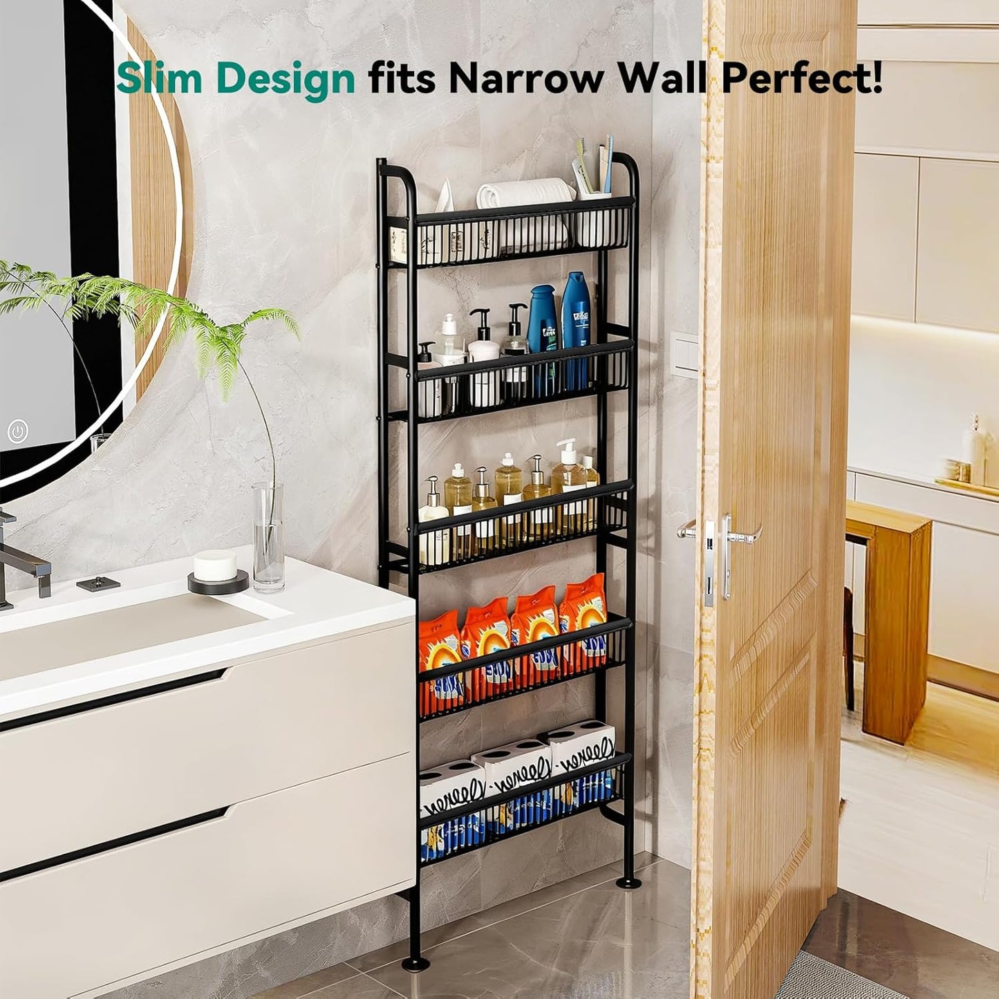 NECHEGE Slim Shelf Behind Door Storage Rack, 5-Tier Multi-Purpose Space-Saving Organizer for Bathroom, Kitchen, Living Room-Sturdy Metal Bookshelf for Narrow Spaces