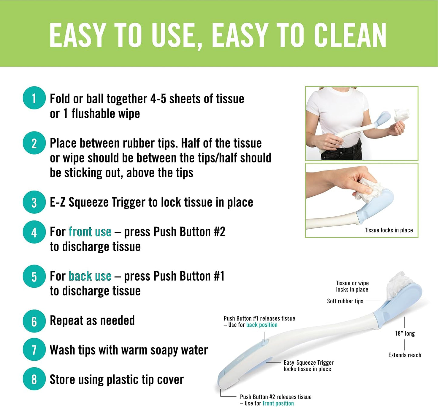 Juvo Toilet Aid - Personal Bottom Wiping Tool, Bathroom Mobility Aid for Disabled, Elderly, and Surgery Recovery - 18" long wand with hygienic cover