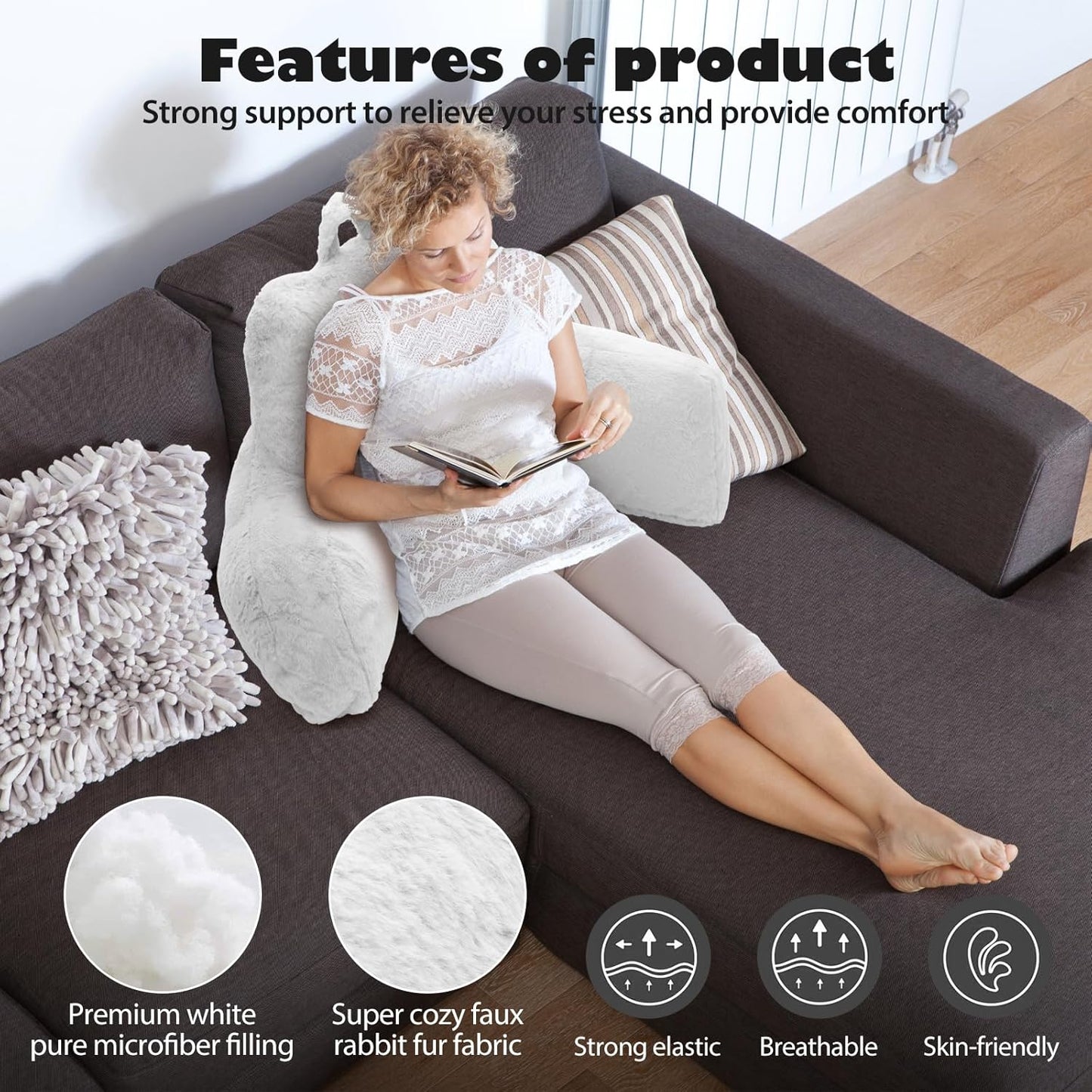 Reading Pillow, Back Support Pillow for Bed Sitting Up, Standard Bed Rest Pillow with Arms for Adults,Back Support Pillow for Couch and Chair, Bed Reading Pillow, White