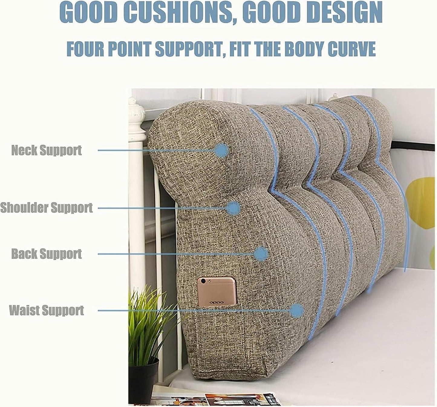 Triangular Headboard Wedge Bed Resting Reading Pillow Large Back Pillow, Queen Full Soft Back Positioning Support Long Cushion with Removable Cover, 200*50*20cm, Orange