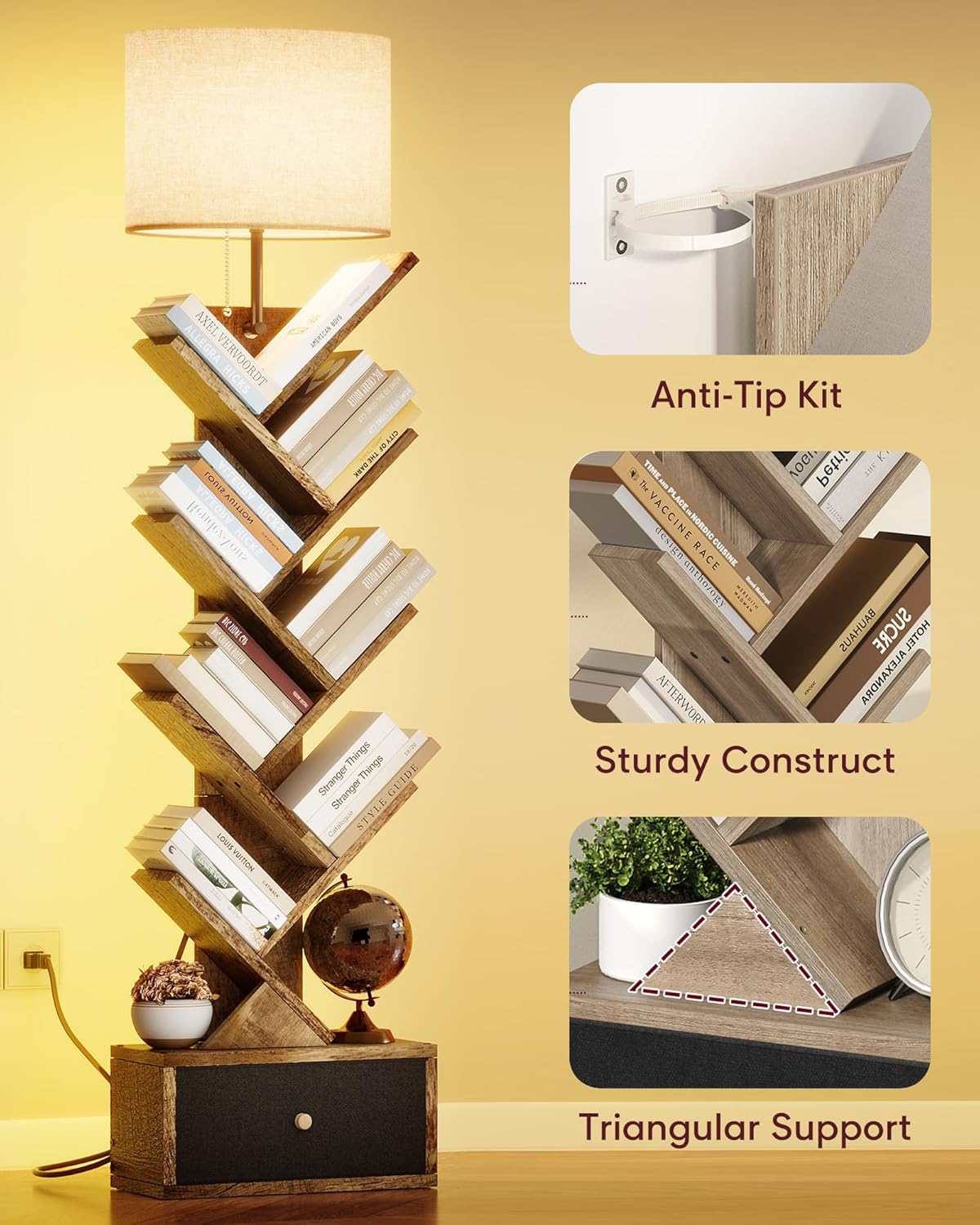 9 Tier Tree Bookshelf with Light and Drawer, Floor Standing Bookshelf Storage Organizer for Books/CDs, 9 Shelf Small Bookcase for Bedroom, Living Room, Taupe