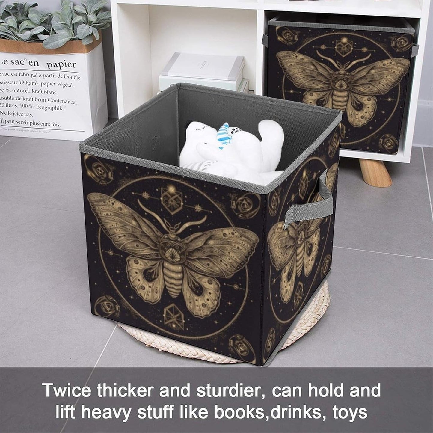 Moth Storage Bins with Handles Fashion Large Storage Cubes Sturdy Foldable Storage Boxes Space-Saving Storage Baskets for Home Office Clothes Closet Organizers