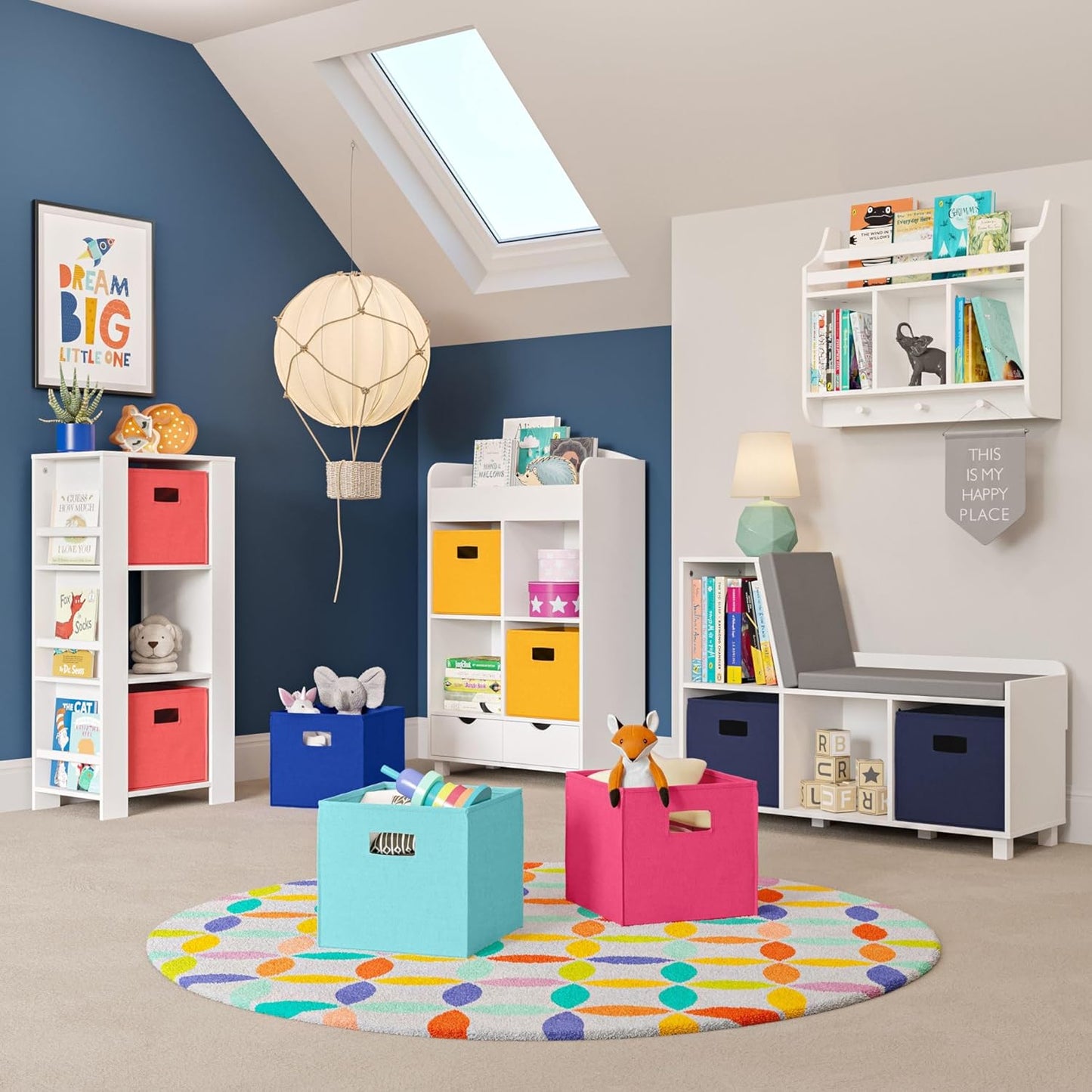 RiverRidge Kids Reading Nook and White Cubby Storage Bench with Comfy Cushioned Seat and Cubbies Toy Organizer, White