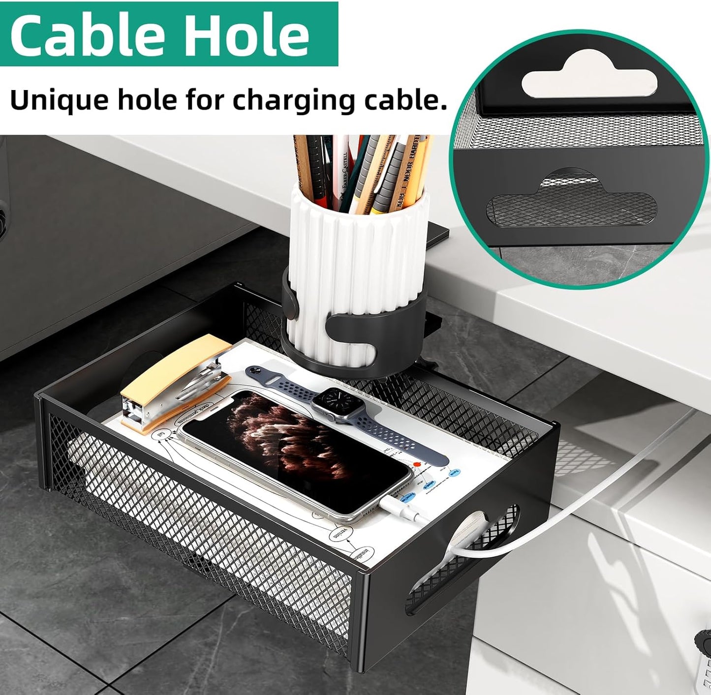 Desk Cup Holder with Drawer Organizer, Anti-Spill Clip-On Table Cup Hook with 360° Rotation Hidden Storage Box for Office Home Gaming Table (Black)