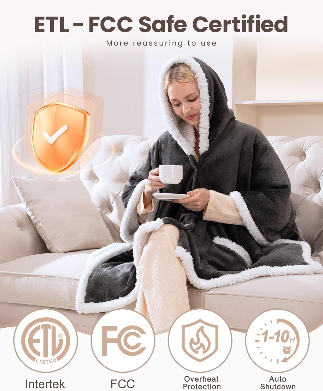 VOLISUN Wearable Heated Throw Blanket Electric Shawl,Heated Wrap Poncho Robes Hoodie for Adult,Birthday Christmas Gifts for Mom Women Grandma,9 Heating Levels & 1-10 Hours Time Settings,Grey