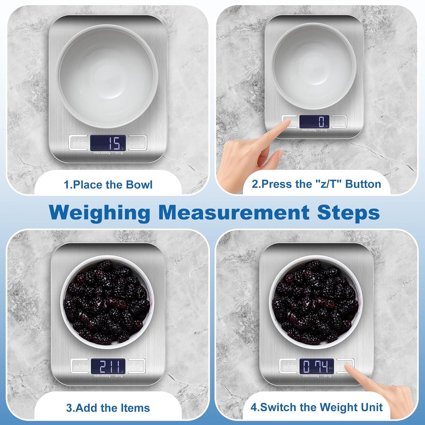 Food Scale, Digital Kitchen Scale with 0.1g Accuracy, 11lb/22lb Capacity & Backlit LCD, Stainless Steel Tare Scale for Baking, Cooking and Meal Prep, 5.5x7x0.6 Inches (Batteries Included)