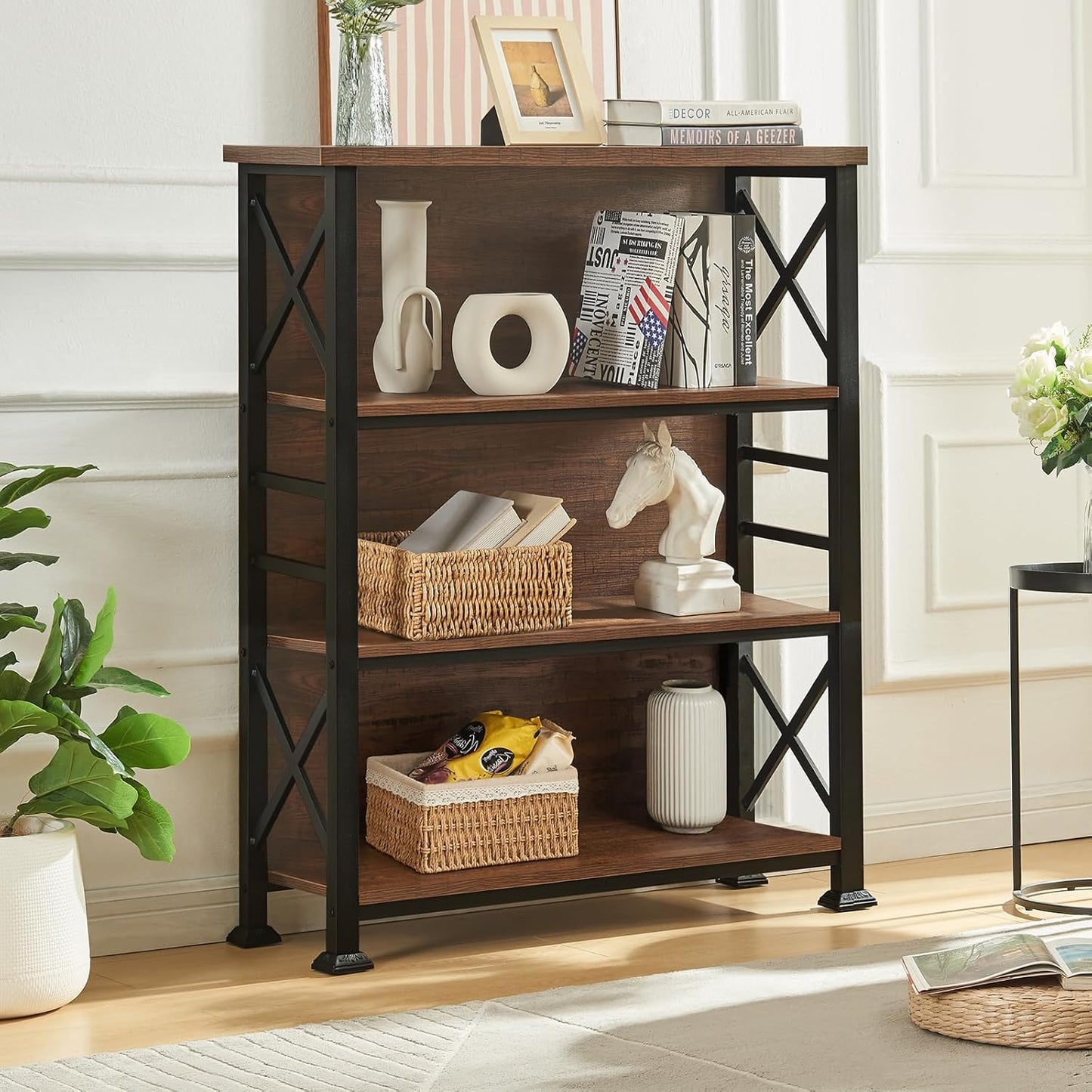 HOMBAZAAR 4-Tier Small Bookshelf, 35.4 Inch Short Book Shelf with Sturdy Metal Frame & Wood Shelves, Rustic Brown Industrial Bookcase for Living Room, Bedroom, Office