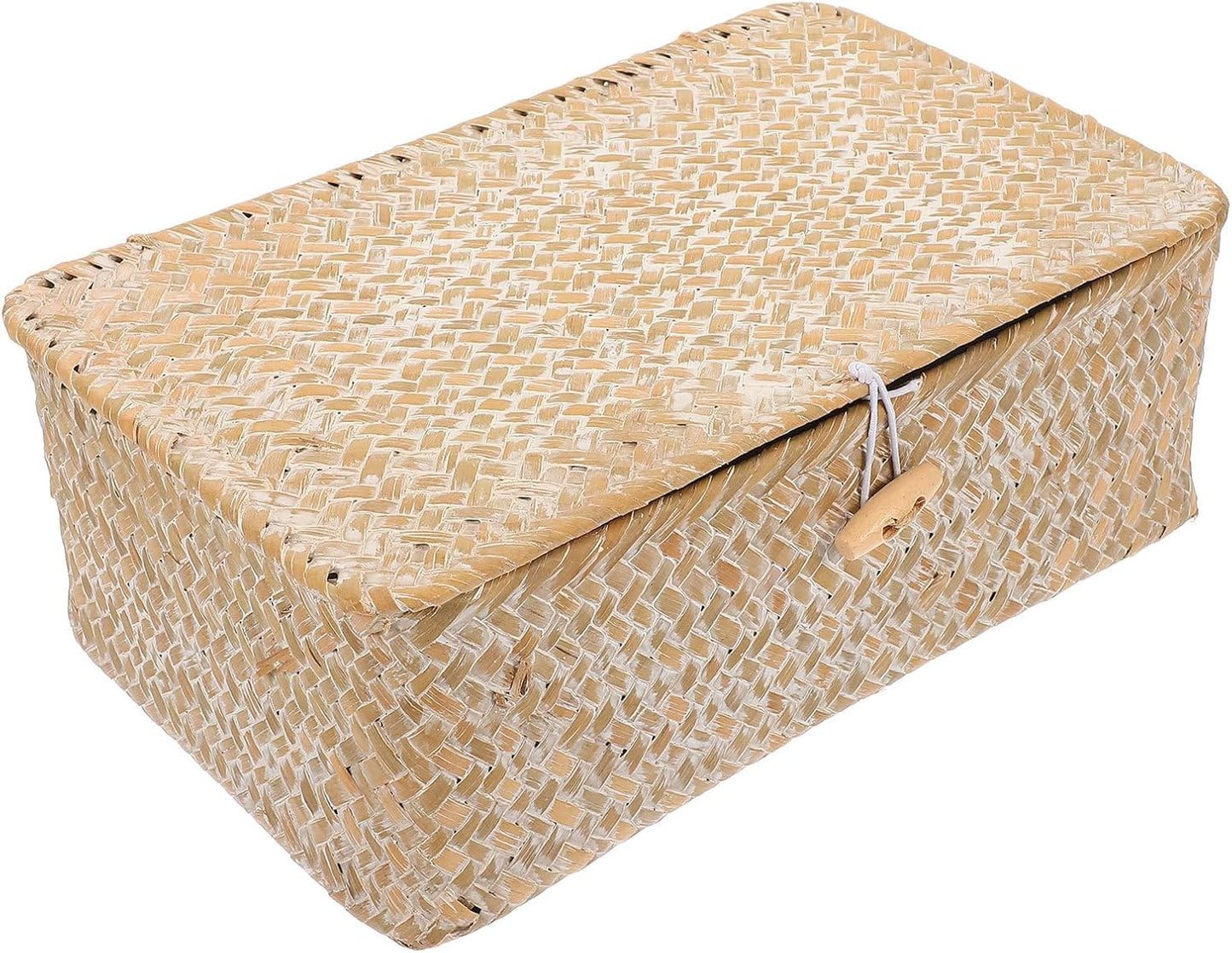 Handwoven Wicker Storage Box with Lid, Rectangular Woven Basket 26x16x10cm, Decorative Living Room and Closet Organizer for Home Storage