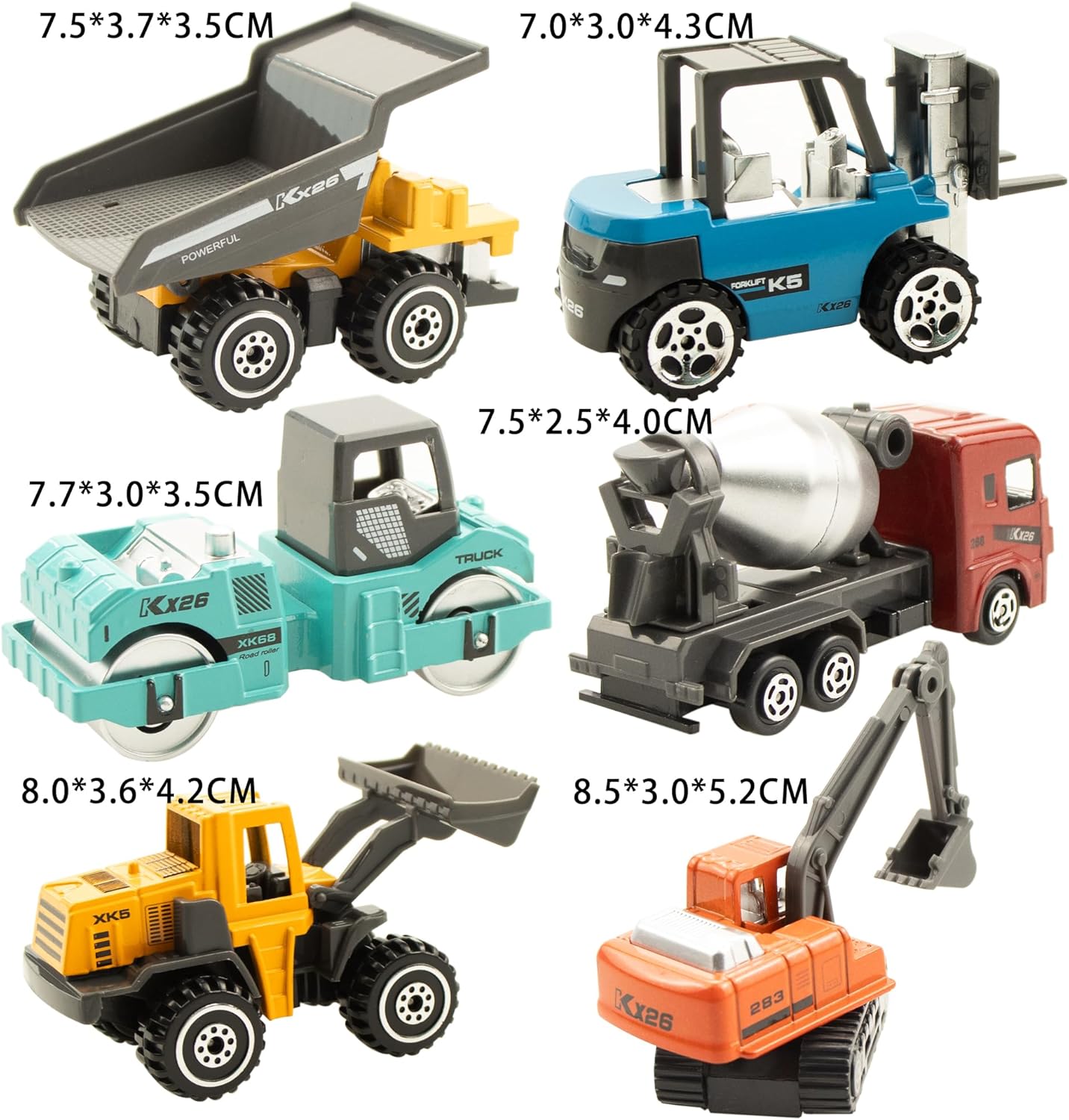 BenRich 6 Pcs Mini Die Cast Toy Set 1/64 Scale Alloy Construction Model Vehicles - Excavator, Dump Truck, Bulldozer, Forklift, Mixer Truck, Road Roller Toys Car for Boys Girls Birthday Present