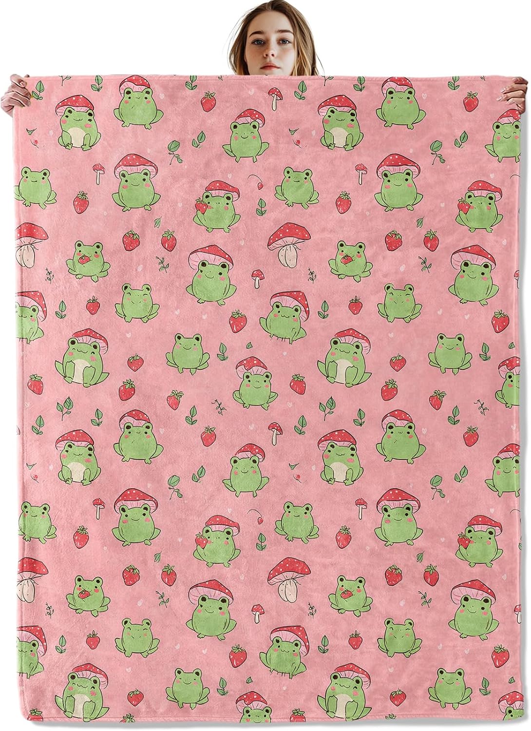 Cute Cartoon Frog Strawberry Mushroom Blanket, Soft Cozy Lightweight Pink Kawaii Throw Blanket for Women Kids Girls, Sofa Couch Bed 50x60 Inch Flannel Animal Blankets for Travel Decor Gifts