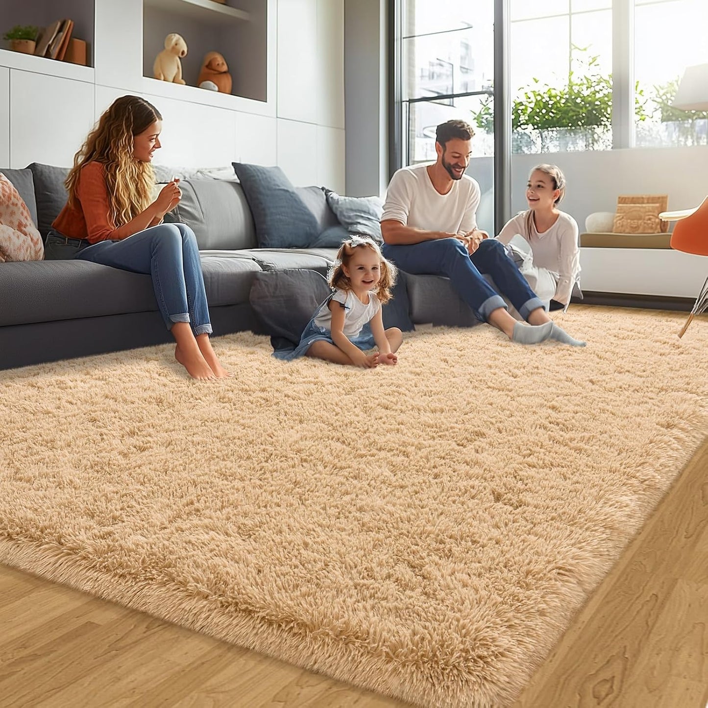 Shaggy Rugs for Bedroom Living Room, Beige Fluffy Fuzzy Shag Area Rug, 4x5.9 Feet Soft Cozy Plush Carpet for Kids Room Dorms Home Decor Aesthetic, Upgrade Non-Slip