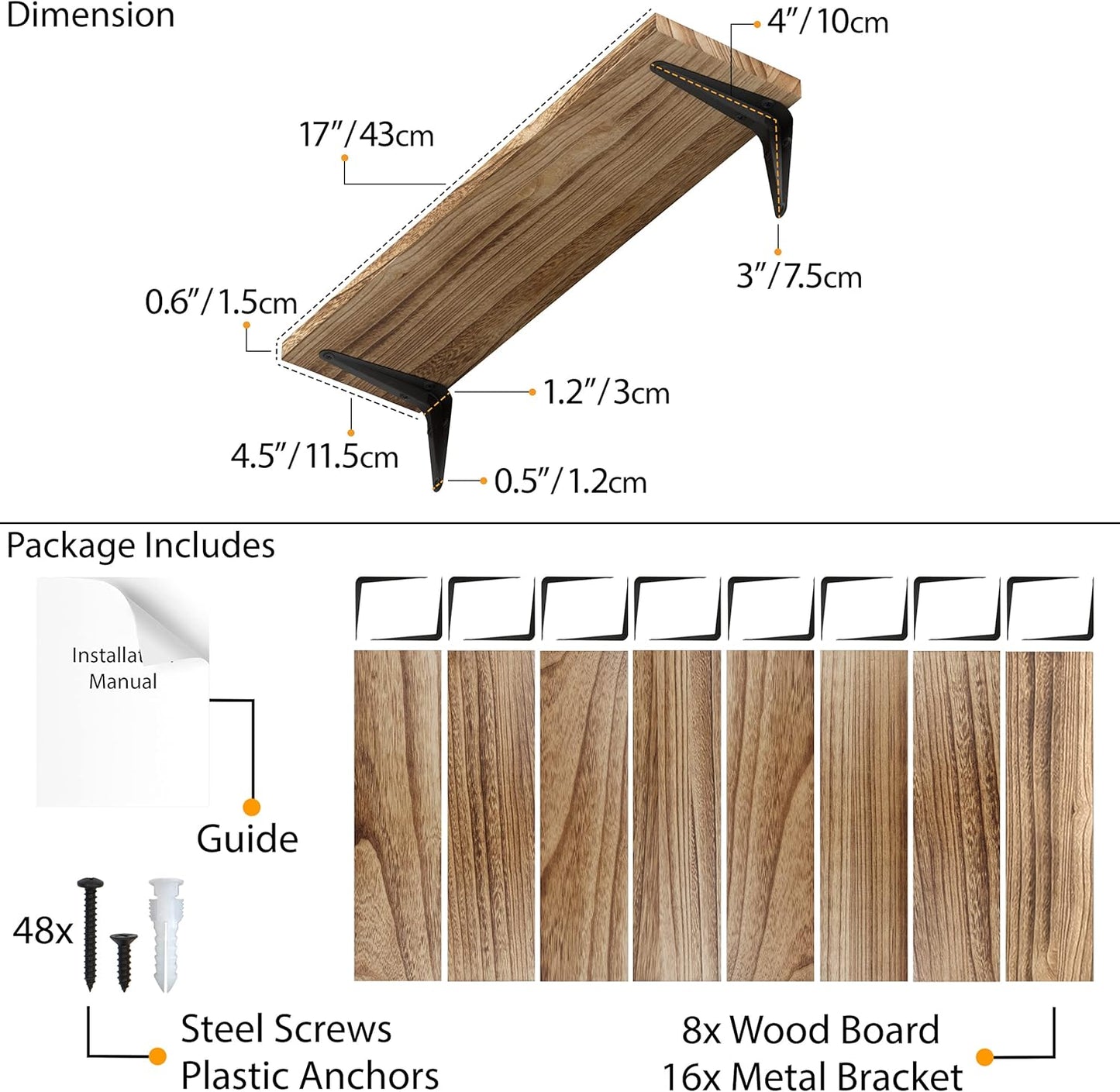Wallniture Arras Floating Shelves for Wall, 17"x 4.5" Rustic Bookshelf for Living Room Decor, Home Office Bookshelves, Burned Finish Storage Shelf Set of 8