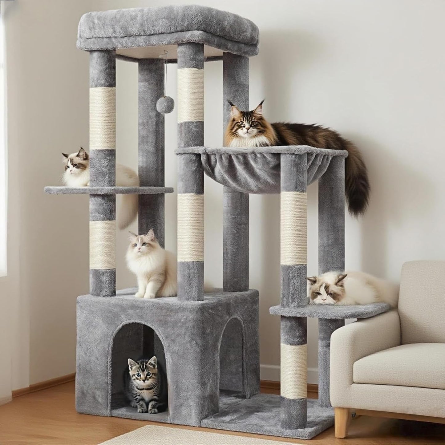 Heybly Heavy Duty Cat Tree, Tower for Indoor Cats Large Adult, Tall Cat Condo House with Extra-Large Baseboard, Multi-Level Plush Furniture with Scratching Posts, Hammock,Toy Balls,Light Gray HCT026W