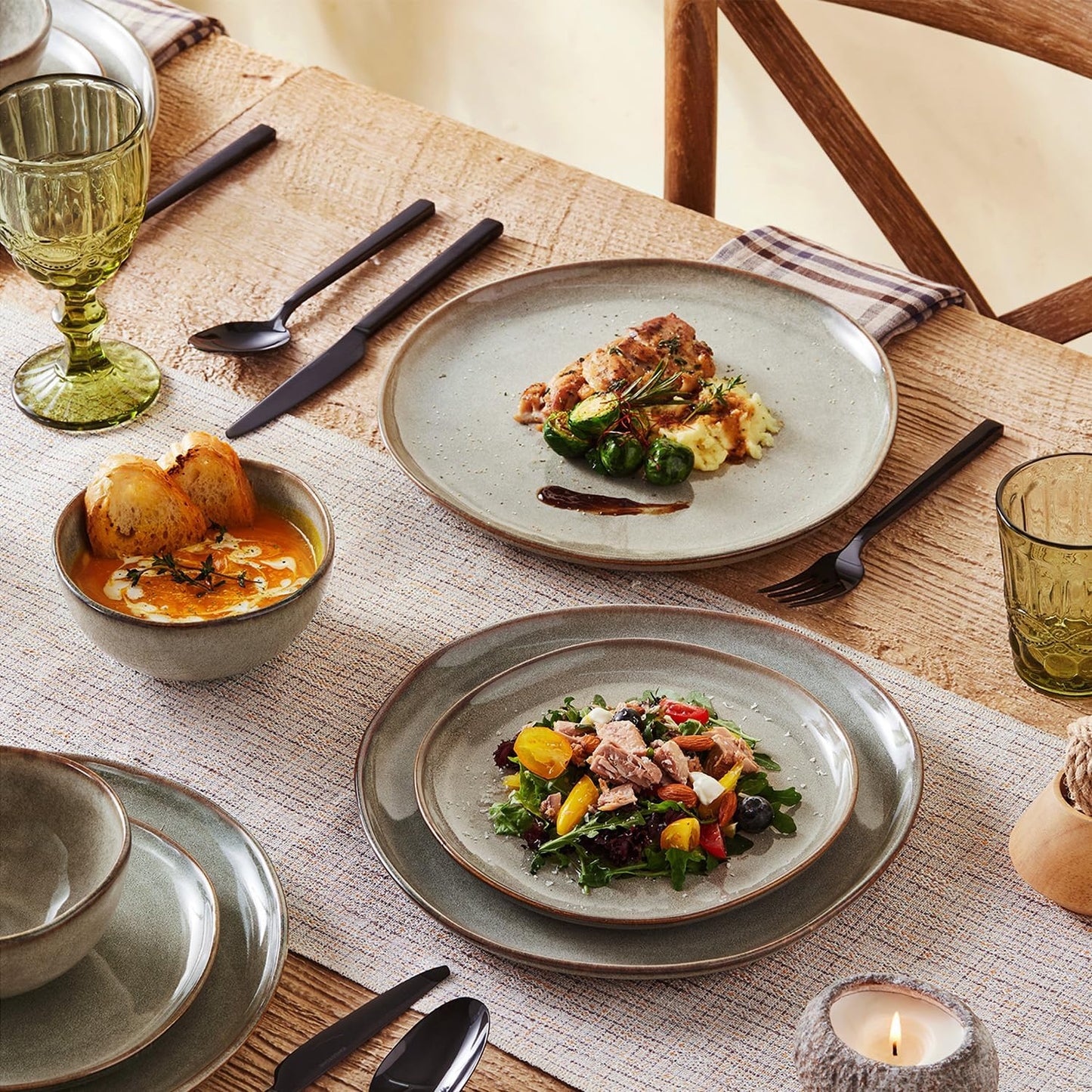 KINGSTONE Stoneware Dinnerware Sets, 24-Piece Reactive Glaze Porcelain Plates and Bowls Sets for 8, Handcrafted Rustic Ceramic Dishes Set, Highly Scratch Resistant, Dishwasher & Microwave Safe, Grey
