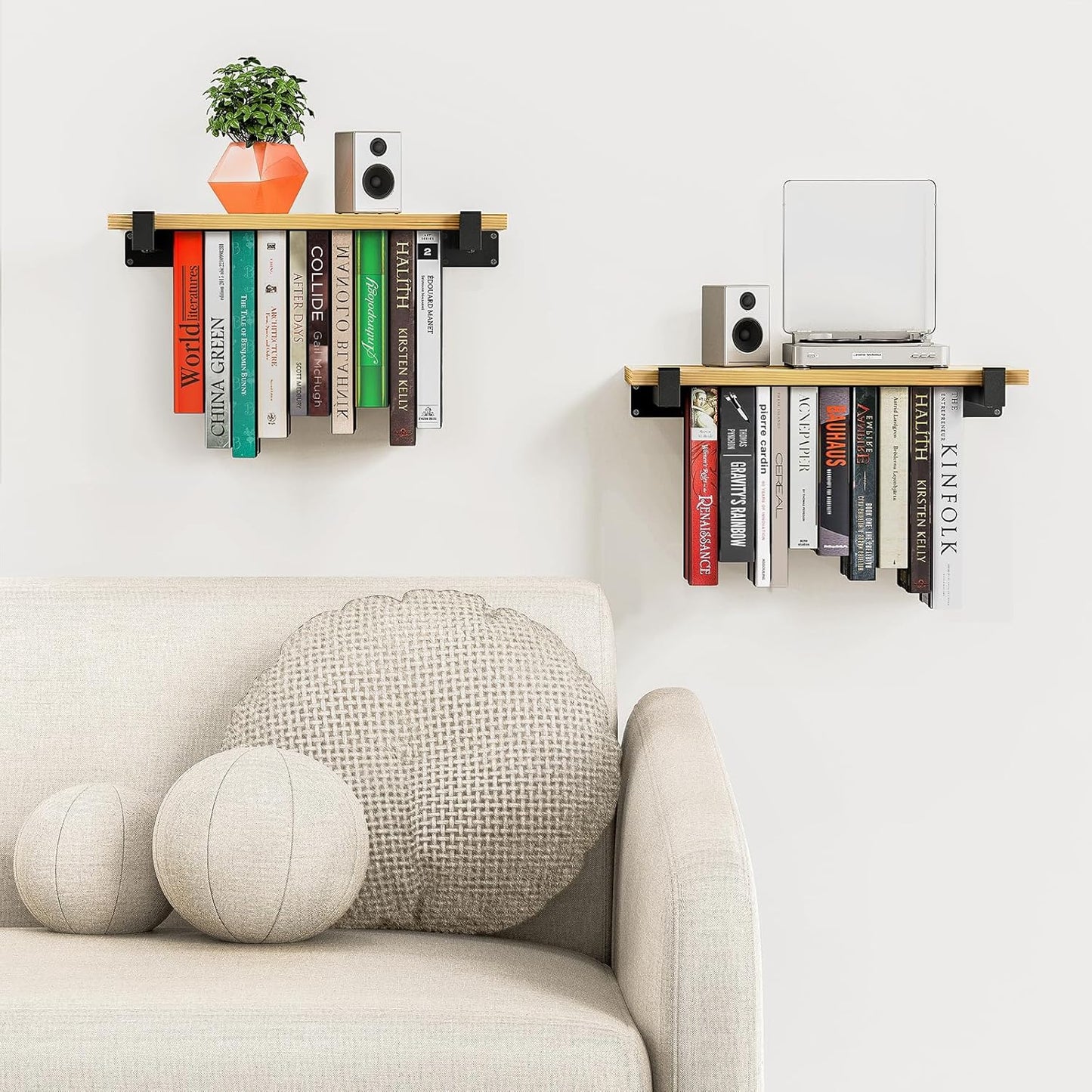 2 Set of Floating Bookshelf, Pine Wood Invisible Bookshelf, Hanging Bookshelves for Wall, Unique Space Saving Wall Bookcase (16.5L×8.7W×1.5H)