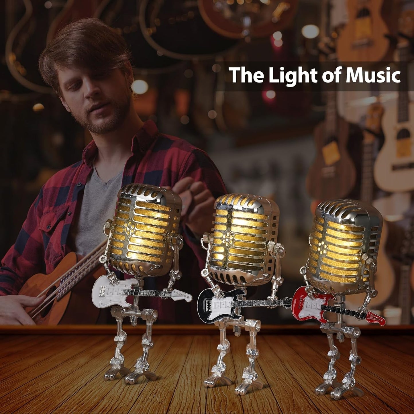 Vintage Microphone Guitar Robot Lamp, Music Gifts for Men, Cool Gifts for Music Lovers, Vintage Light Home Decor Nightstand Desk Lamp for Bedroom, Music Studio (Red)