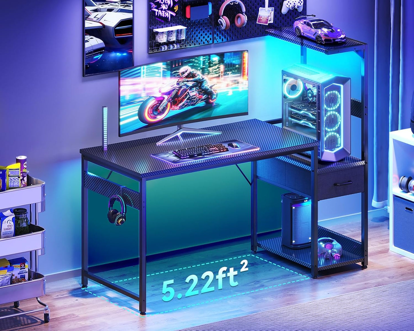 Casaottima 48 Inch Gaming Desk with Storage & LED Lights, Reversible Computer Desk with Display Shelves & Fabric Drawer, Modern Gamer Desk Table with Side Headphone Hook, Carbon Fiber Black