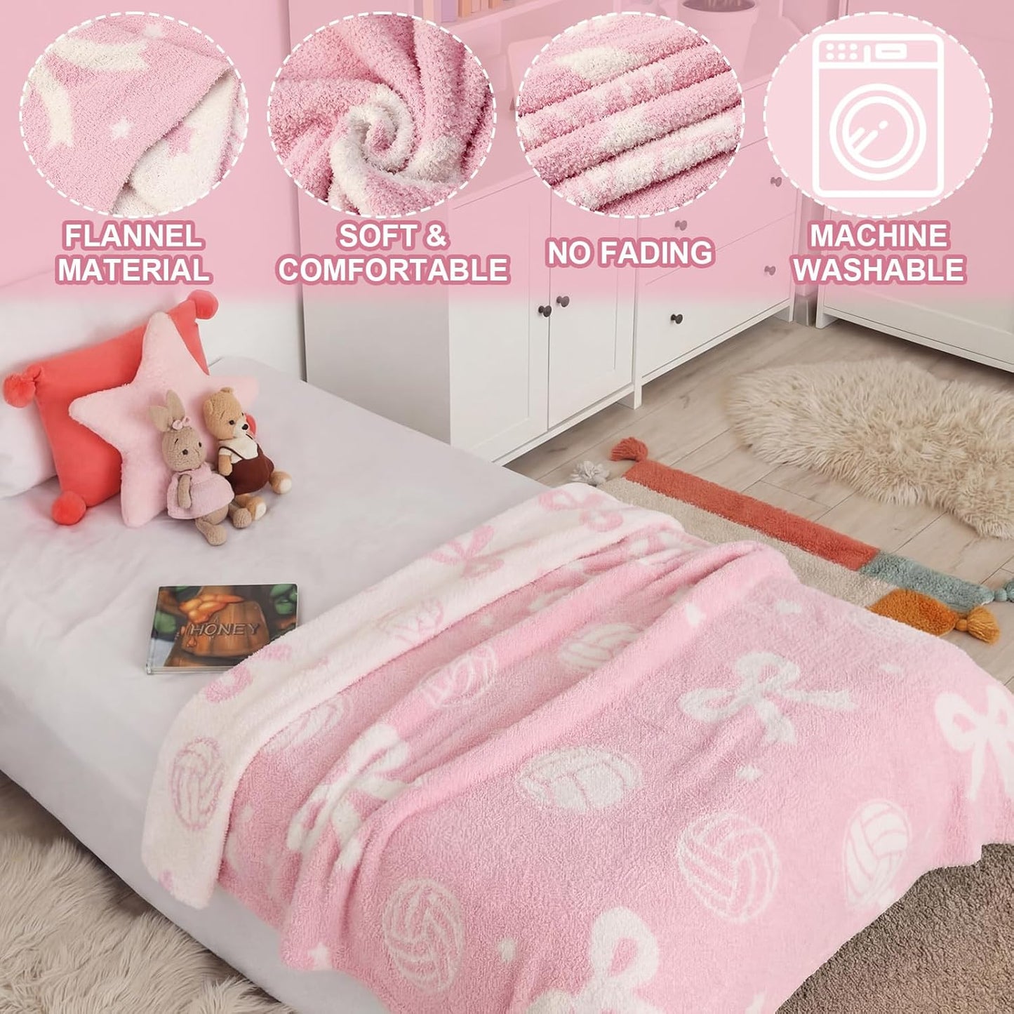Volleyball Bow Blanket for Teen Girls Reversible Coquettish Bow Sport Cute Soft Flannel Throw Blanket 50 x 60 in Washable Aesthetic Fuzzy Fleece Throw for Couch Sofa Bed Decor Gift