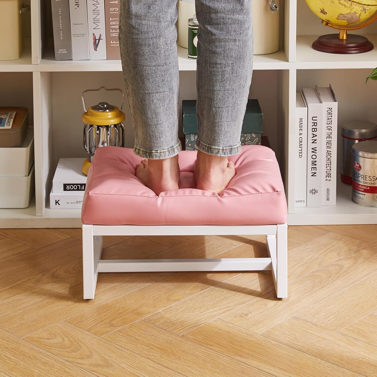 Small Footstool, Rectangle Ottoman with Faux Leather Padded Seat, Change Shoes Bench, Sofa Footrest Extra Seating for Living Room Entryway Office, Pink YD-JD139P