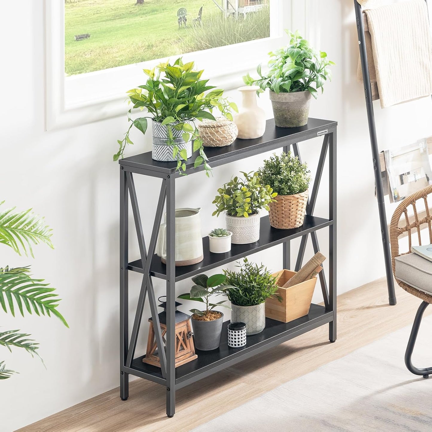 Sofa Table, Industrial Console Table, 3-Tier Narrow Side Table with Open Shelves, Foyer Table for Entryway, Hallway, Kitchen, Living Room and Bedroom, Easy Assembly, Black CTHB8001