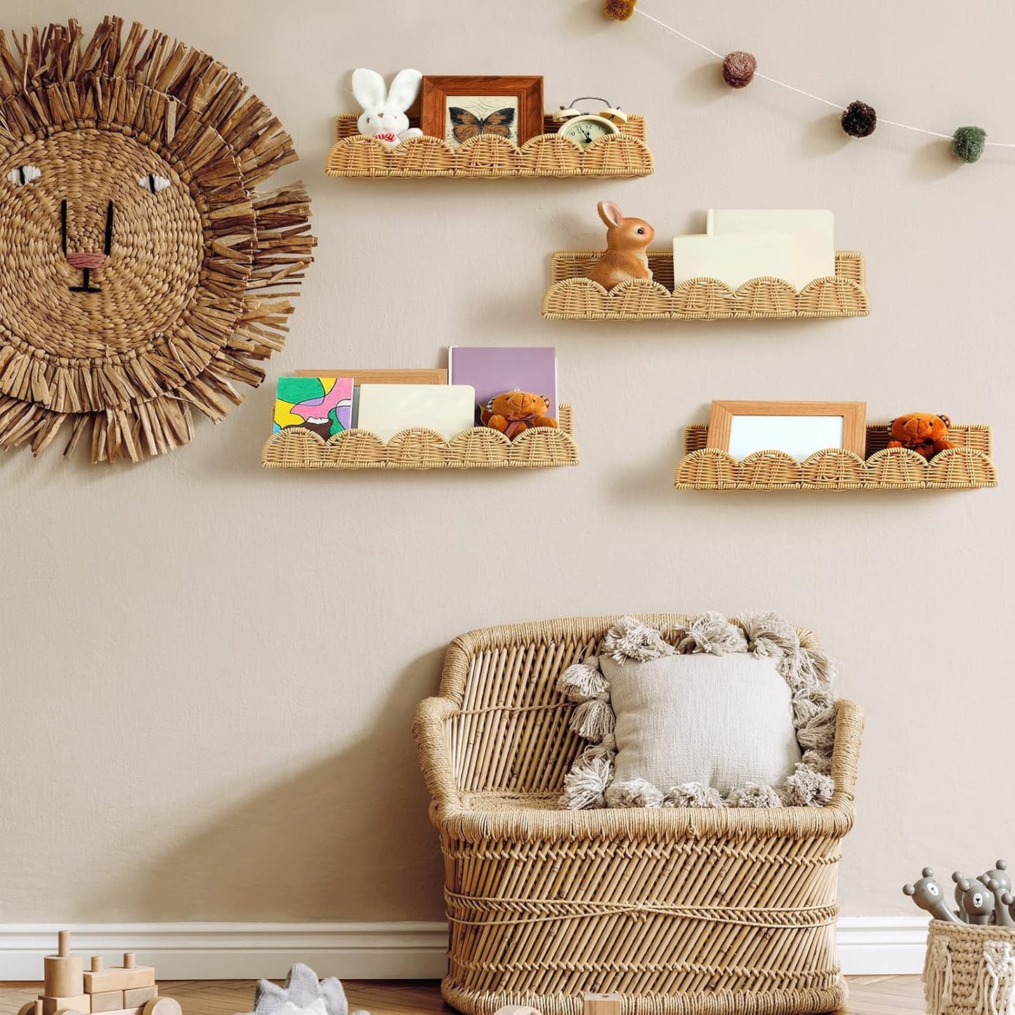Pinkunn 4 Pcs Nursery Book Shelves 15.8 Inch Rattan Scalloped Floating Bookshelves Wicker Boho Book Shelf for Wall Mounted Decor Nursery Rooms Hanging (Classic)