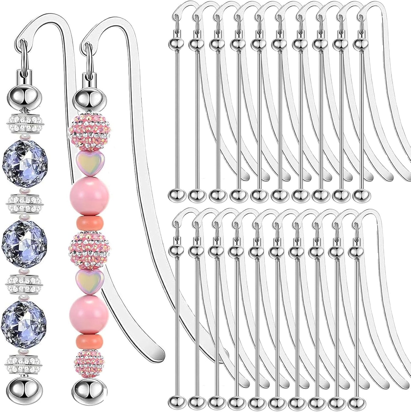 20 Packs Beadable Bookmarks with Blank Bar Bulk Metal DIY Bookmark for Beads Jewelry Pendants Charms Beading Marks Craft Book Lovers Office Supplies Silver